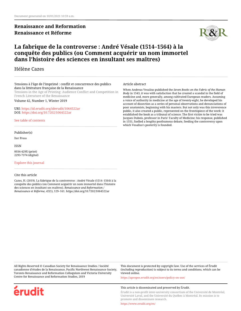 André Vésale (1514–1564) À La Conquête Des Publics (Ou Comment Acquérir Un Nom Immortel Dans L’Histoire Des Sciences En Insultant Ses Maîtres) Hélène Cazes