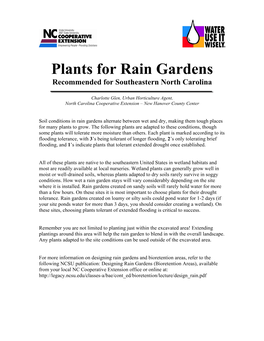 Plants for Rain Gardens Recommended for Southeastern North Carolina