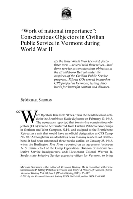 Conscientious Objectors in Civilian Public Service in Vermont During World War II