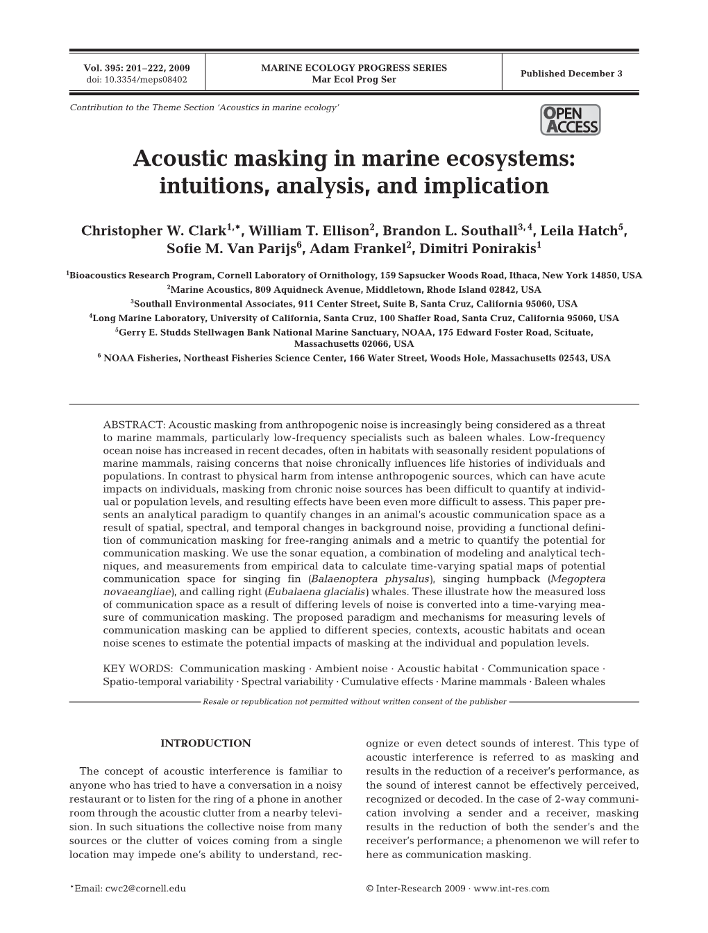 Acoustic Masking in Marine Ecosystems: Intuitions, Analysis, and Implication