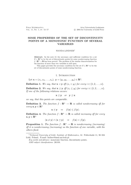 Some Properties of the Set of Discontinuity Points of a Monotonic Function of Several Variables