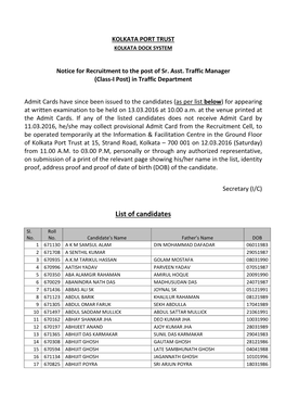 List Sr. Asst. Traffic Manager for Exam-13.03.16