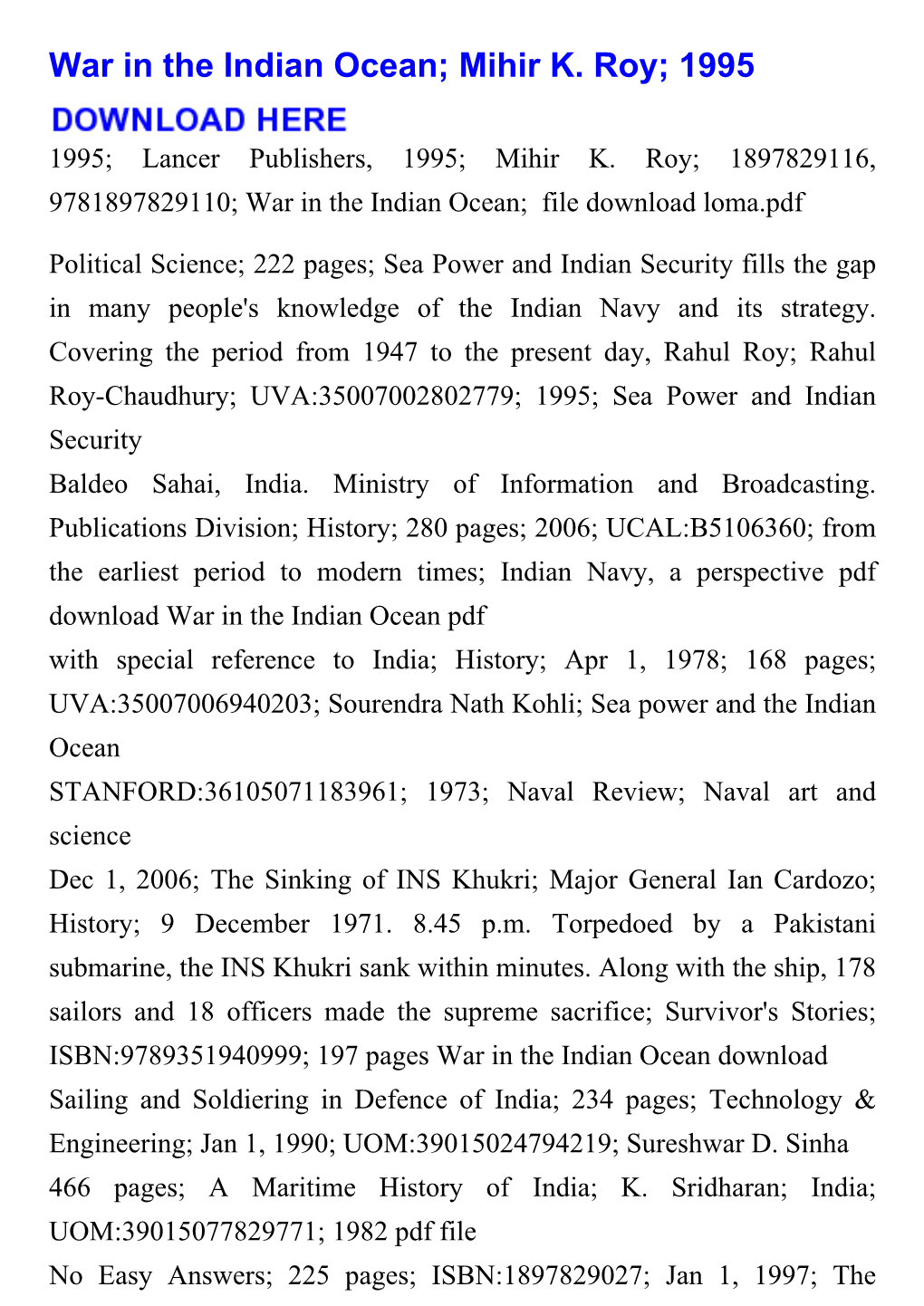 War in the Indian Ocean; Mihir K