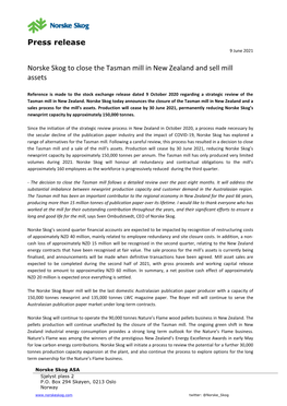 Press Release Norske Skog to Close the Tasman Mill in New Zealand