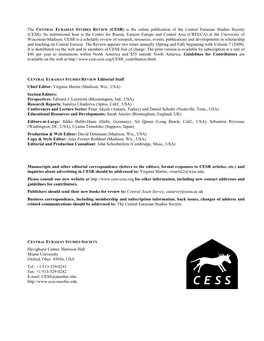 CENTRAL EURASIAN STUDIES REVIEW (CESR) Is the Online Publication of the Central Eurasian Studies Society (CESS)