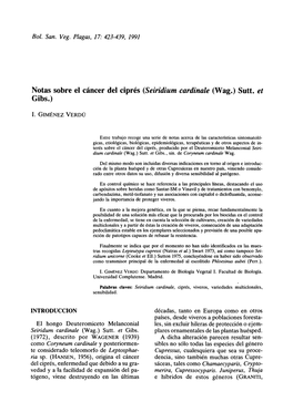 Notas Sobre El Cáncer Del Ciprés (Seiridium Cardinale (Wag.) Sutt. Et Gibs.)