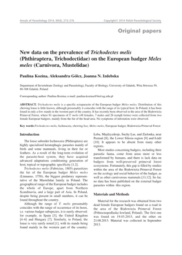 Original Papers New Data on the Prevalence of Trichodectes Melis (Phthiraptera, Trichodectidae) on the European Badger Meles