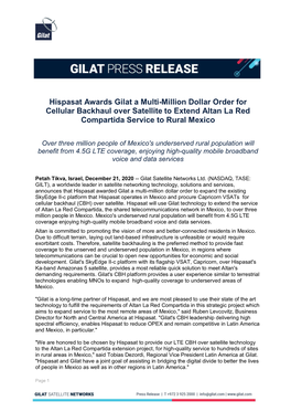 Hispasat Awards Gilat a Multi-Million Dollar Order for Cellular Backhaul Over Satellite to Extend Altan La Red Compartida Service to Rural Mexico