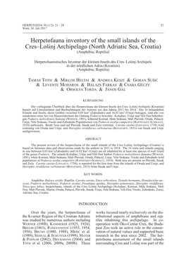 Herpetofauna Inventory of the Small Islands of the Cres–Lošinj Archipelago (North Adriatic Sea, Croatia) (Amphibia; Reptilia)