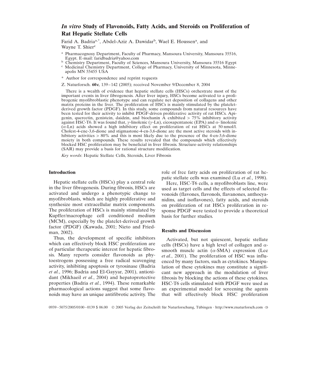 In Vitro Study of Flavonoids, Fatty Acids, and Steroids on Proliferation of Rat Hepatic Stellate Cells Farid A