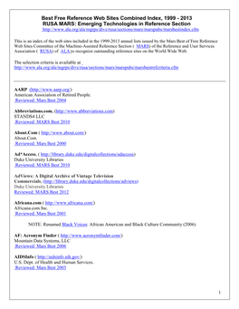Best Free Reference Web Sites Combined Index, 1999
