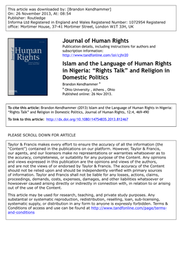 And Religion in Domestic Politics Brandon Kendhammer a a Ohio University , Athens , Ohio Published Online: 26 Nov 2013