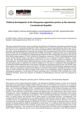 Political Development of the Hungarian Opposition Parties in the Interwar Czechoslovak Republic