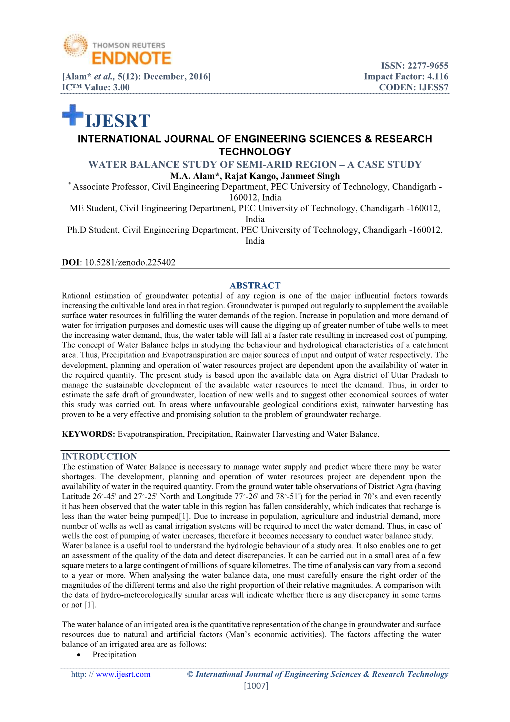 Water Balance Study of Semi-Arid Region – a Case Study M.A