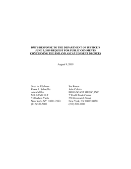 Bmi’S Response to the Department of Justice’S June 5, 2019 Request for Public Comments Concerning the Bmi and Ascap Consent Decrees
