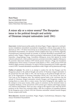 A Minor Ally Or a Minor Enemy? the Hungarian Issue in the Political Thought and Activity of Ukrainian Integral Nationalists (Until 1941)