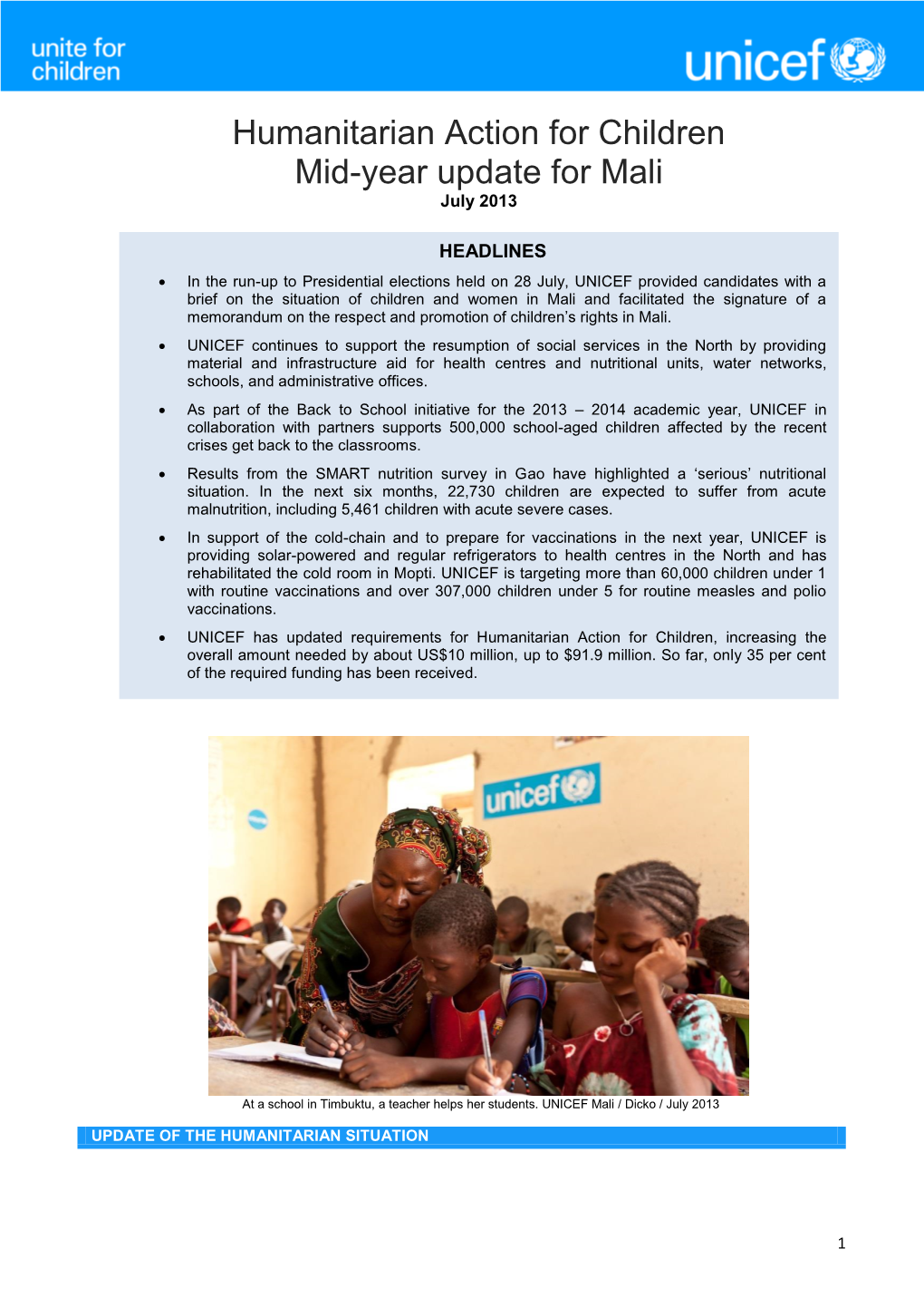Humanitarian Action for Children Mid-Year Update for Mali July 2013