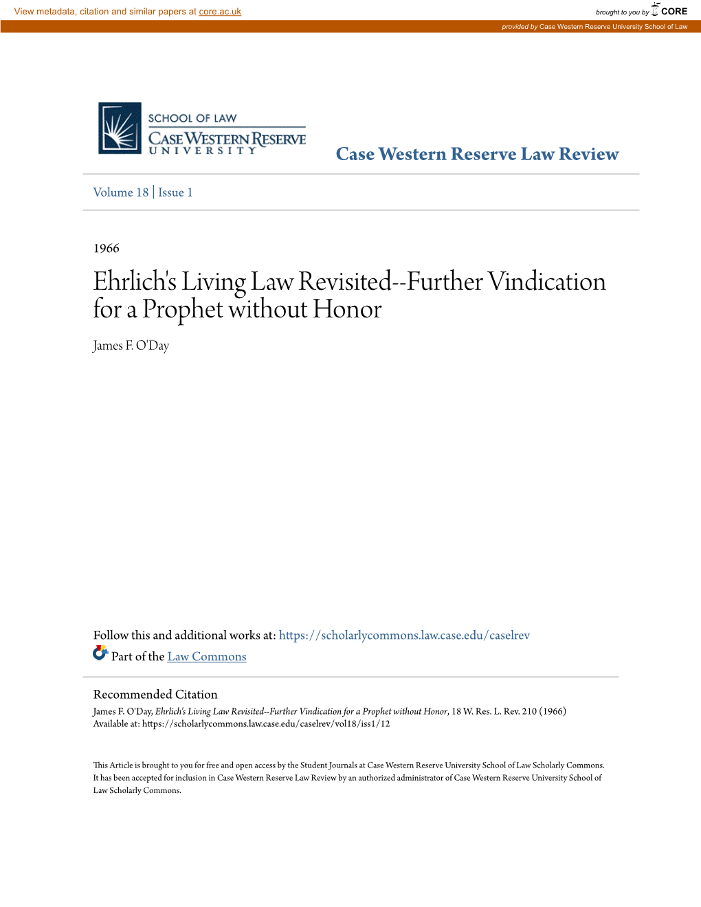 Ehrlich's Living Law Revisited--Further Vindication for a Prophet Without Honor James F