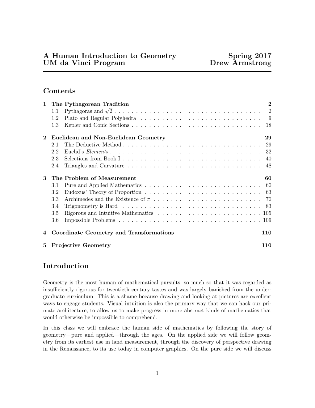 A Human Introduction to Geometry Spring 2017 UM Da Vinci Program Drew Armstrong