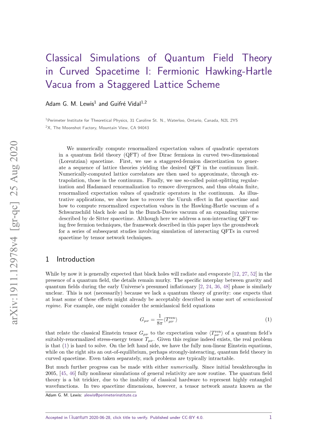 Classical Simulations of Quantum Field Theory in Curved Spacetime I: Fermionic Hawking-Hartle Vacua from a Staggered Lattice Scheme