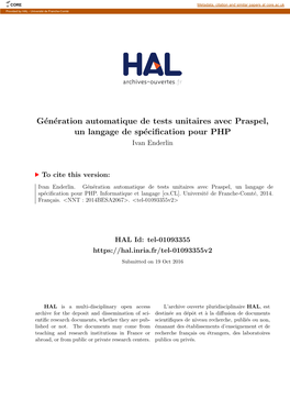 Génération Automatique De Tests Unitaires Avec Praspel, Un Langage De Spéciﬁcation Pour PHP the Art of Contract-Based Testing in PHP with Praspel