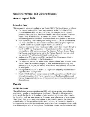 Centre for Critical and Cultural Studies Annual Report, 2004