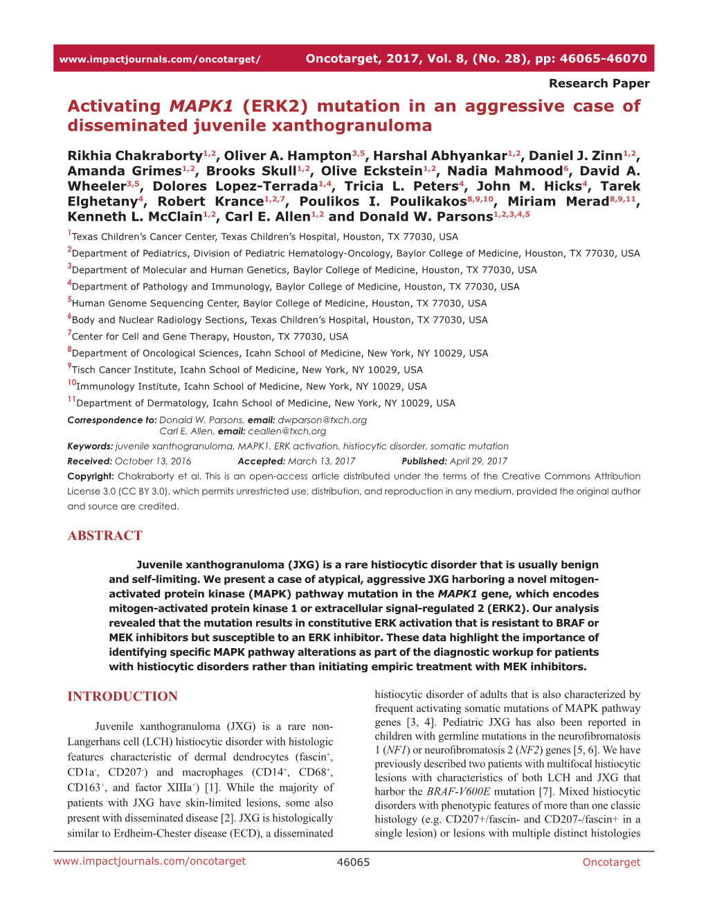 Activating MAPK1 (ERK2) Mutation in an Aggressive Case of Disseminated Juvenile Xanthogranuloma