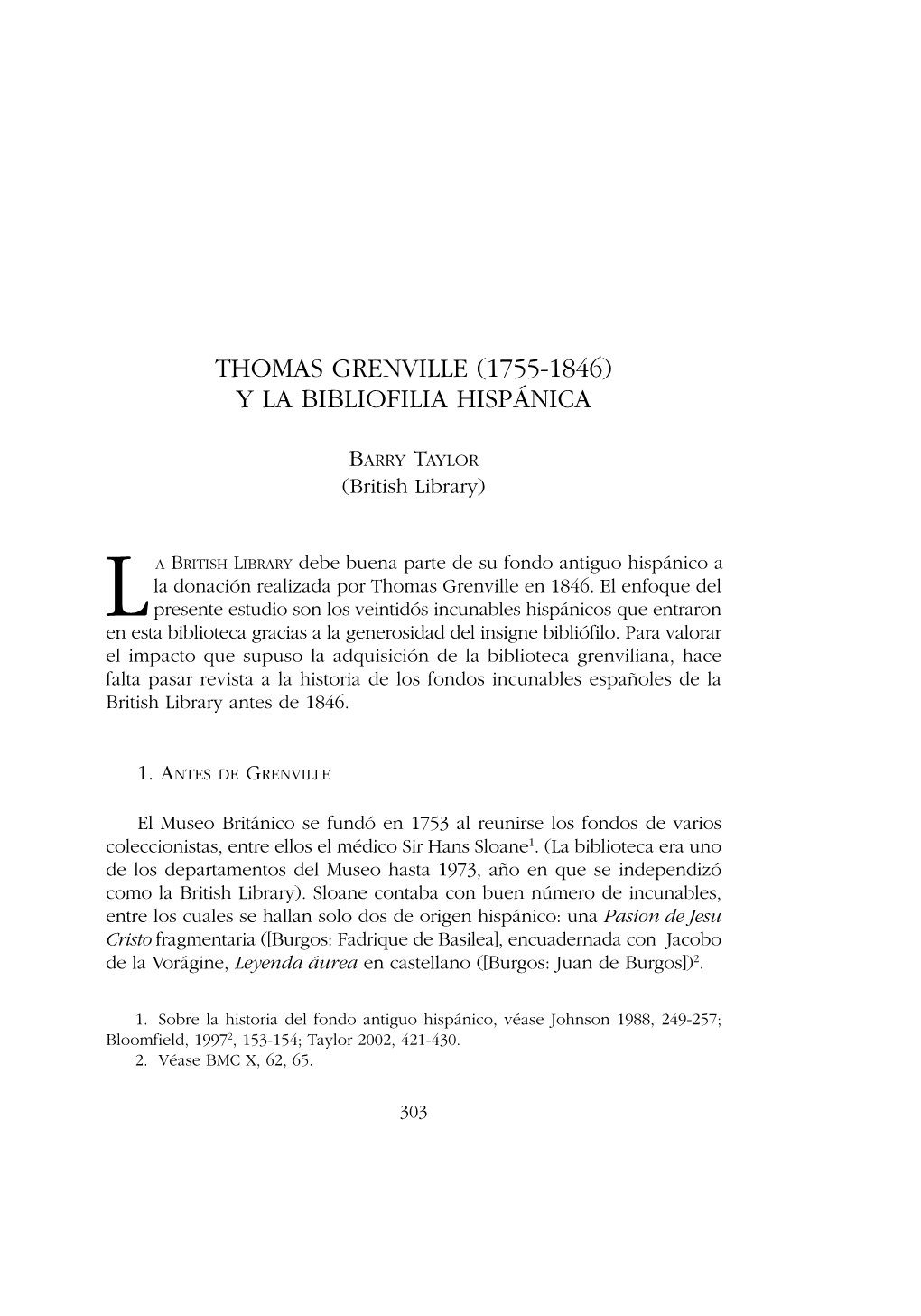 Thomas Grenville (1755-1846) Y La Bibliofilia Hispánica