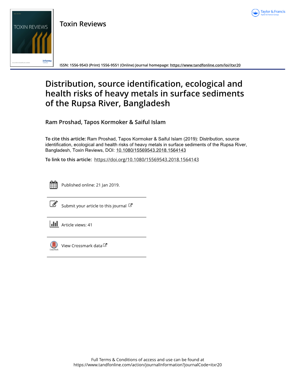 Distribution, Source Identification, Ecological and Health Risks of Heavy Metals in Surface Sediments of the Rupsa River, Bangladesh