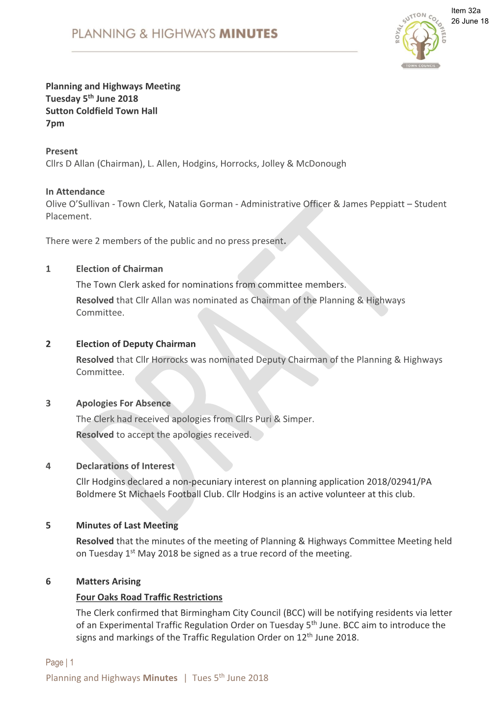 Planning and Highways Minutes | Tues 5Th June 2018 Planning And