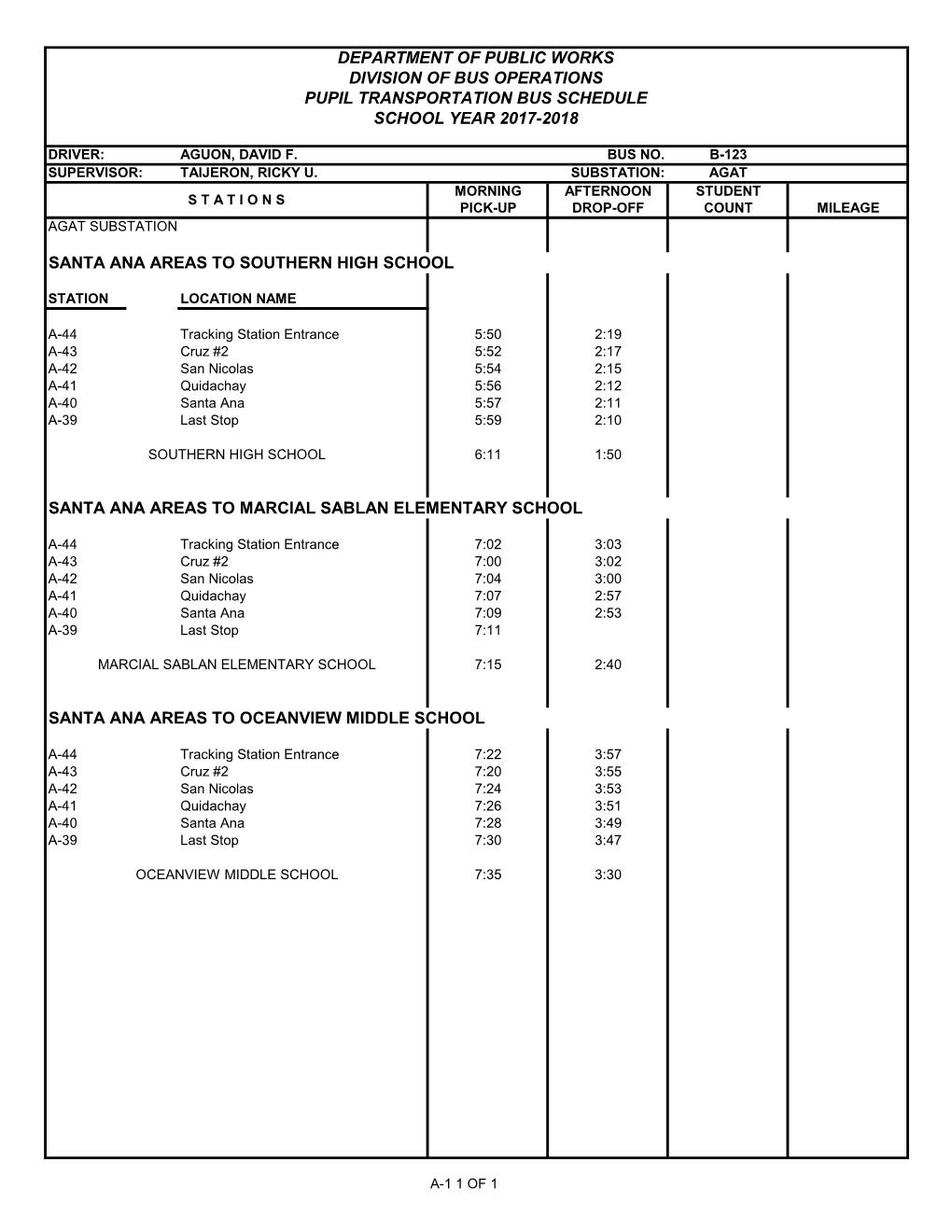 Department of Public Works Division of Bus Operations Pupil Transportation Bus Schedule School Year 2017-2018