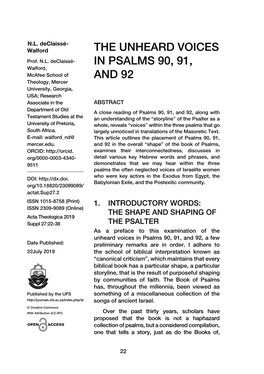 The Unheard Voices in Psalms 90, 91, and 92, a Few Date Published: Preliminary Remarks Are in Order