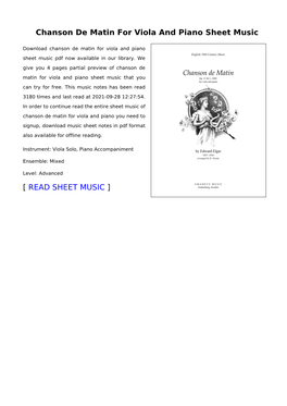 Chanson De Matin for Viola and Piano Sheet Music