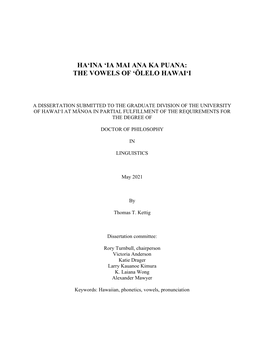 Haʻina ʻia Mai Ana Ka Puana: the Vowels of ʻōlelo Hawaiʻi (Pdf)