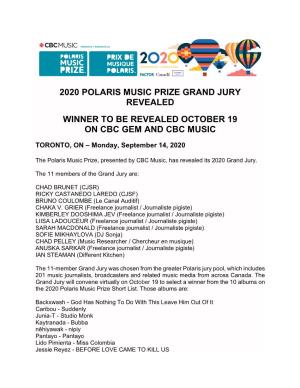 2020 Polaris Music Prize Grand Jury Revealed / Dévoilement Du Grand