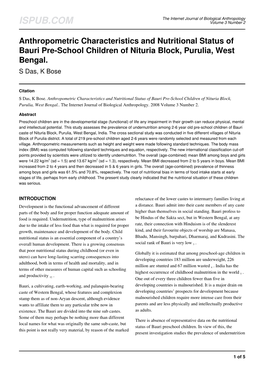 Anthropometric Characteristics and Nutritional Status of Bauri Pre-School Children of Nituria Block, Purulia, West Bengal