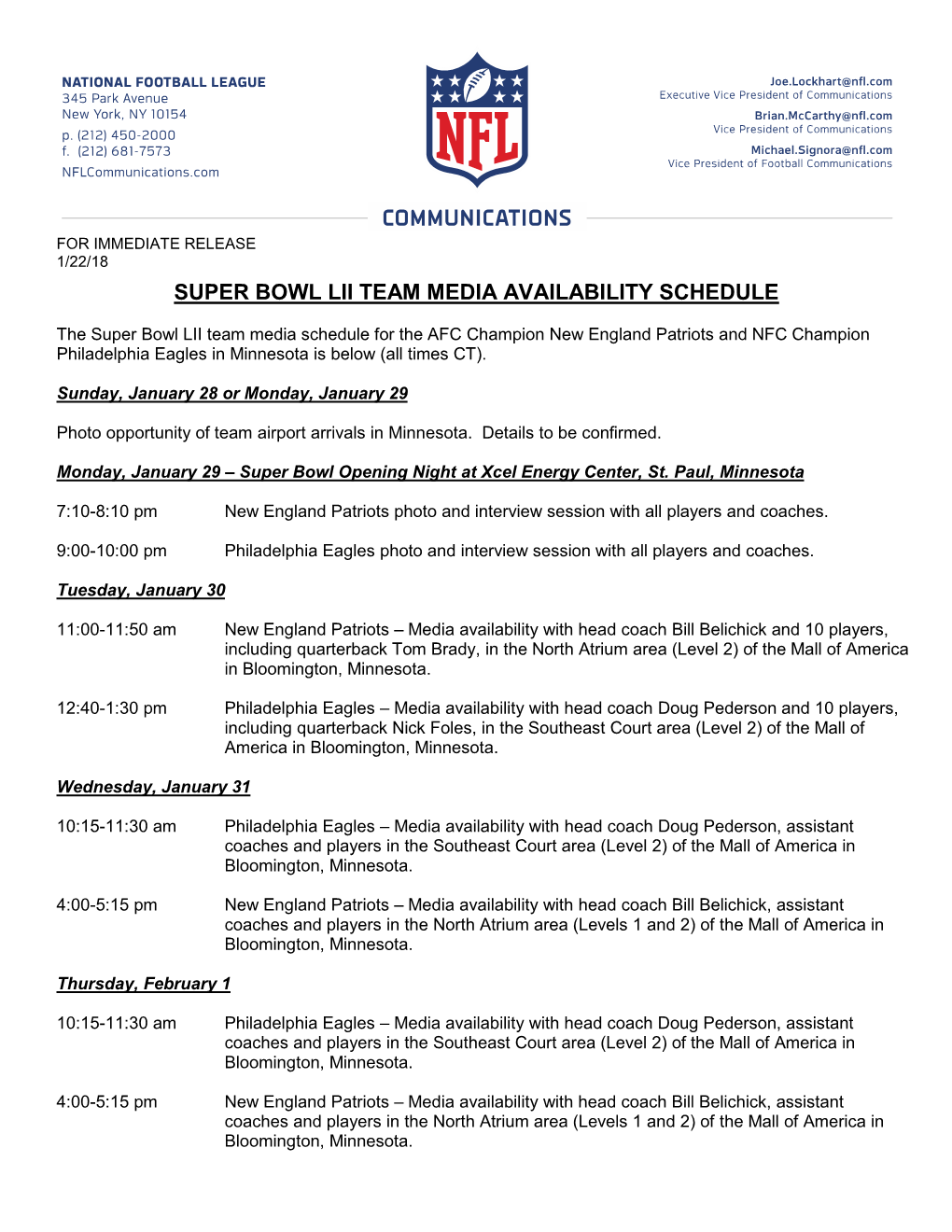 Super Bowl Lii Team Media Availability Schedule