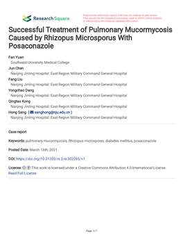 Successful Treatment of Pulmonary Mucormycosis Caused by Rhizopus Microsporus with Posaconazole