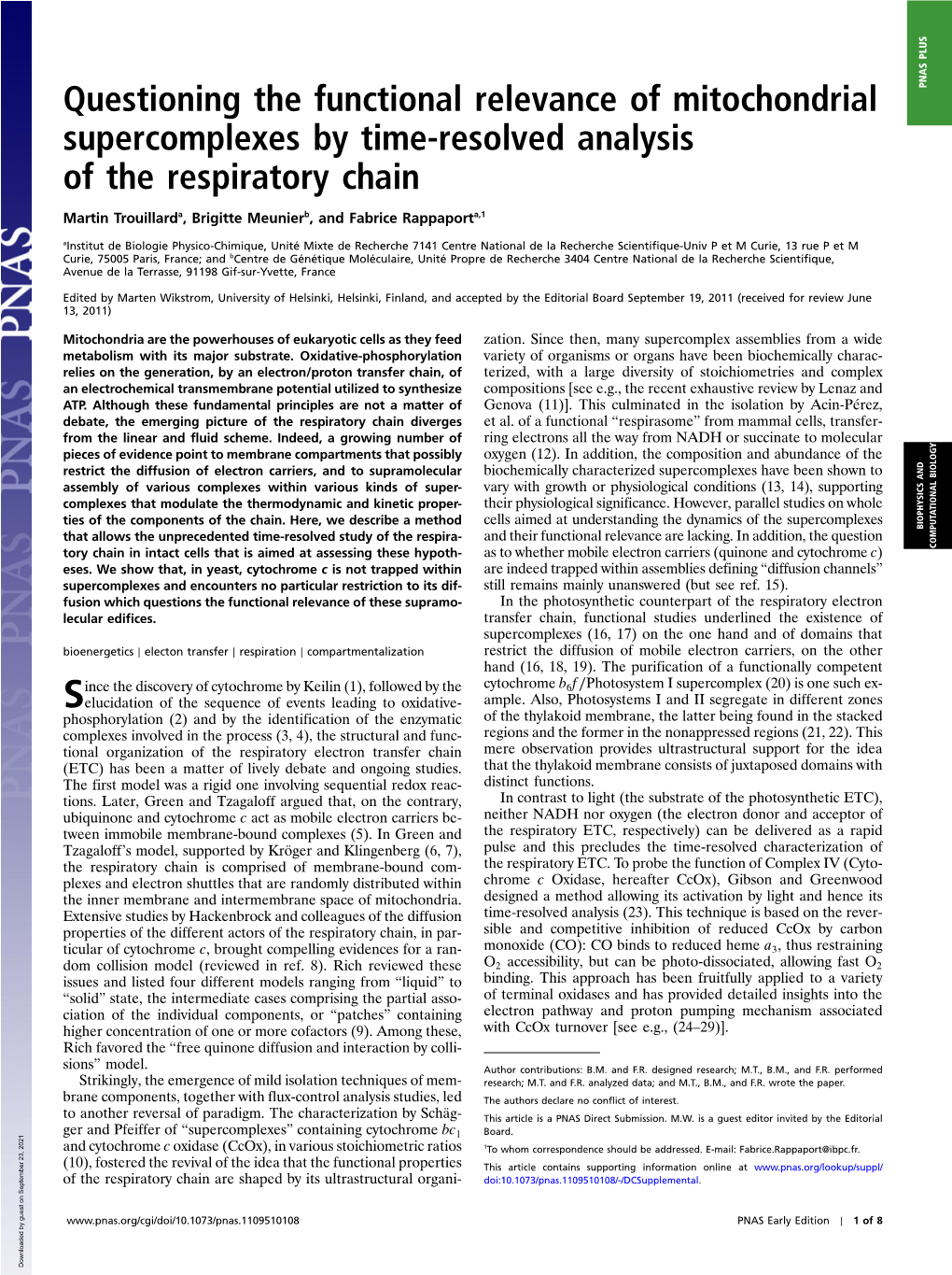 Questioning the Functional Relevance of Mitochondrial Supercomplexes by Time-Resolved Analysis of the Respiratory Chain