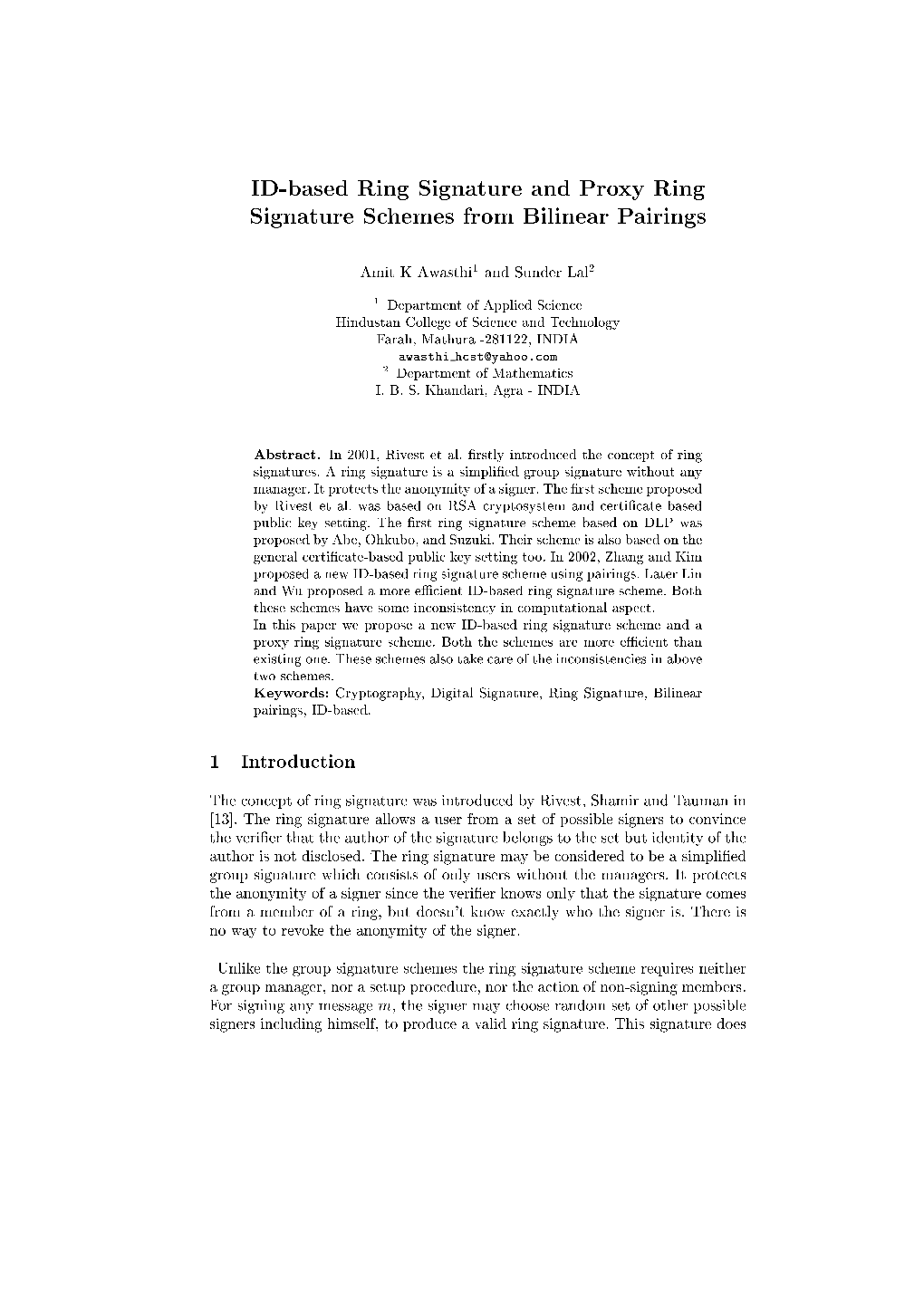 ID-Based Ring Signature and Proxy Ring Signature Schemes from Bilinear Pairings