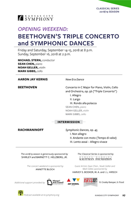 OPENING WEEKEND: BEETHOVEN’S TRIPLE CONCERTO and SYMPHONIC DANCES Friday and Saturday, September 14-15, 2018 at 8 P.M