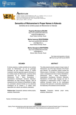 Semantics of Wainamoinen's Proper Names in Kalevala