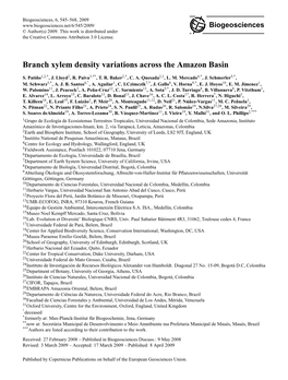 Branch Xylem Density Variations Across the Amazon Basin