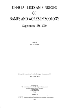 Official Lists and Indexes of Names and Works in Zoology. Supplement 1986-2000