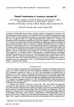 Plasmid Transformation of Azotobacter Vinelandii OP by JAMES L