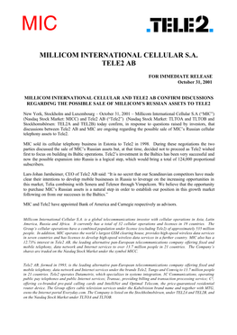 Millicom International Cellular S.A. Tele2 Ab