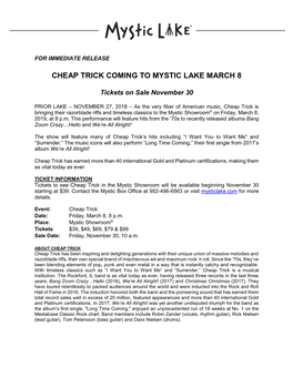 Cheap Trick Coming to Mystic Lake March 8