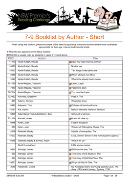 7-9 Booklist by Author - Short