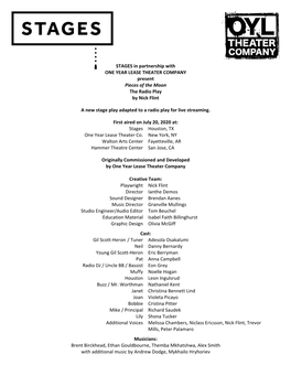 STAGES in Partnership with ONE YEAR LEASE THEATER COMPANY Present Pieces of the Moon the Radio Play by Nick Flint