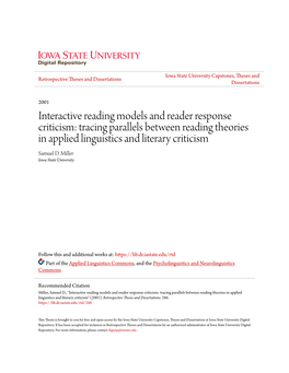 Interactive Reading Models and Reader Response Criticism: Tracing Parallels Between Reading Theories in Applied Linguistics and Literary Criticism Samuel D